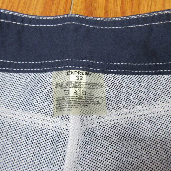 EXPRESS Mens LINED SWIM SHORTS COTTON/NYLON NAVY & WHITE Sz 32 - Picture 3 of 4